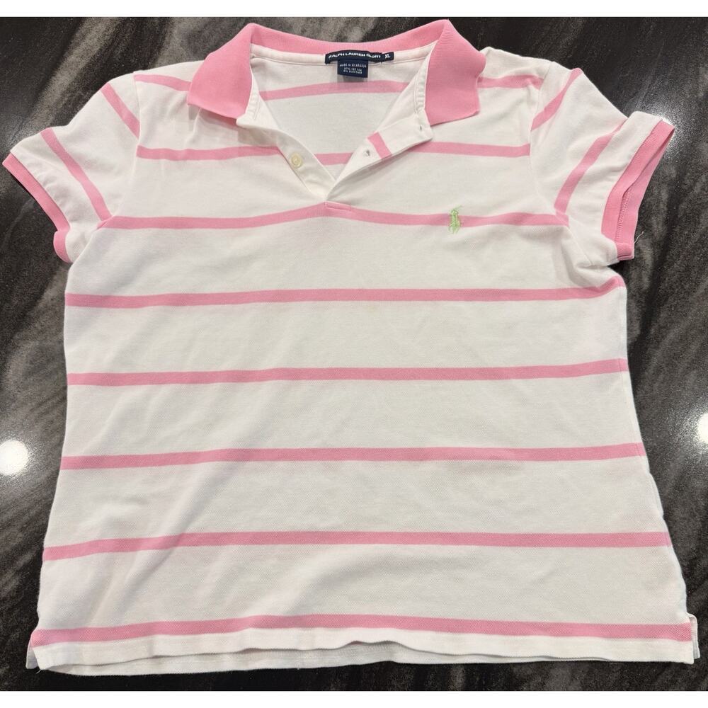 Ralph Lauren Sport Polo Shirt Women’s XL Pink White Striped Short Sleeve - Picture 2 of 4